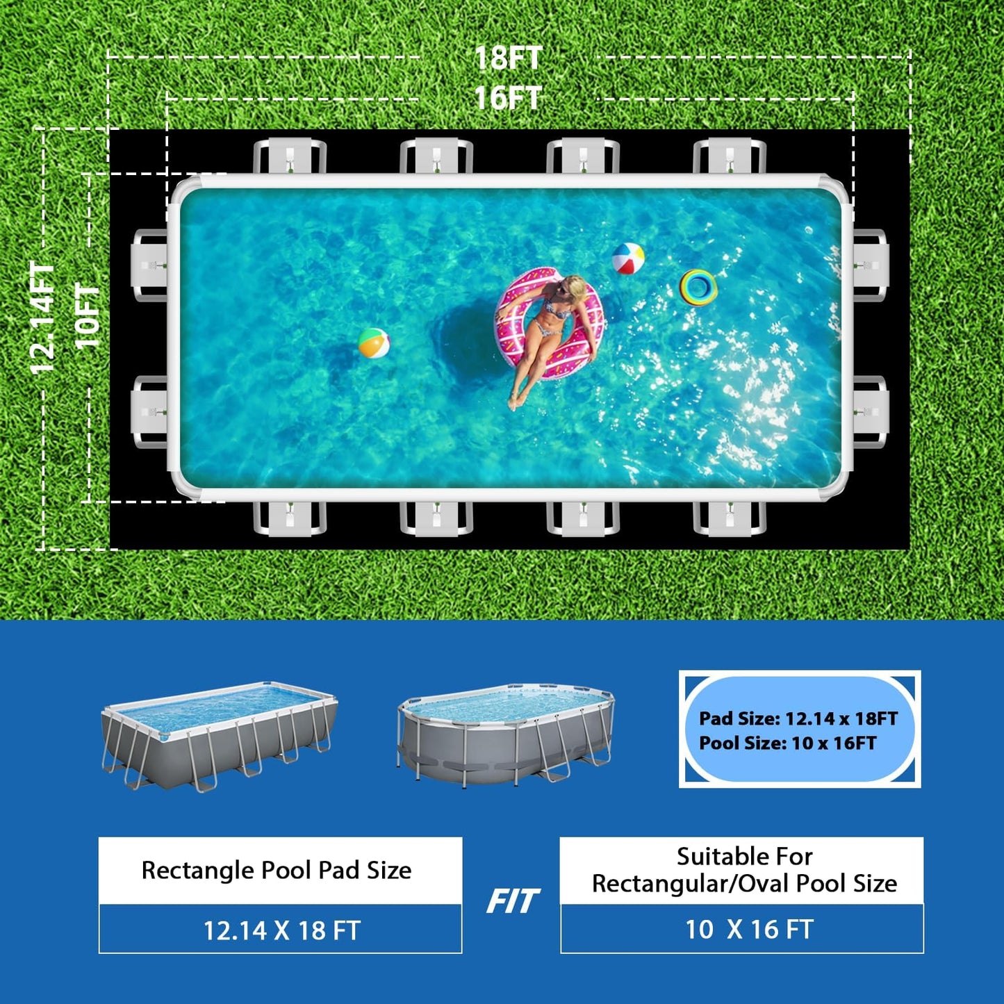 Safana Upgrade Thicken 10 x 16 ft Rectangular Pool Liner Pad for Rectangle/Oval Above Ground Pool, 300g/㎡ Seamless Swimming Pool Mat, Under Pool Padding, Puncture Protection, Extend Liner Life