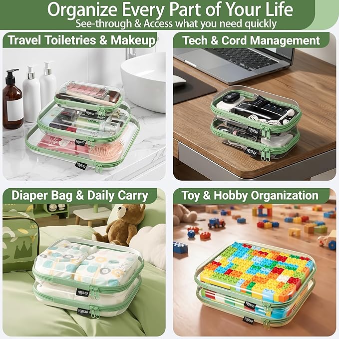 YQBRAO 3-Pack Clear Hard Shell Zipper Case Green, 1.2mm Heavy-Duty Crush-Proof Travel Makeup Bag, Multi-Size (L+M+S) Diaper Bag Organizer Pouches, Rigid Clear Zipper Pouches for Tech, Toys & Home