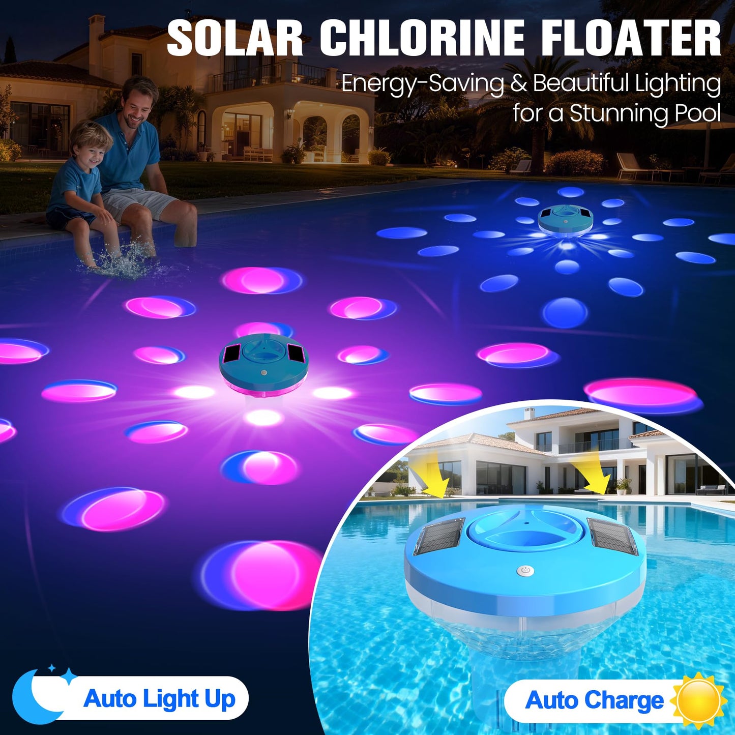 RovPool Chlorine Floater, Large Capacity Pool Chlorine Floaters for 5 * 3'' Chlorine Tabs, Solar Chlorine Floater with Lights, Adjustable Flow Floating Chlorine Dispenser for Pool, Hot Tub, Blue