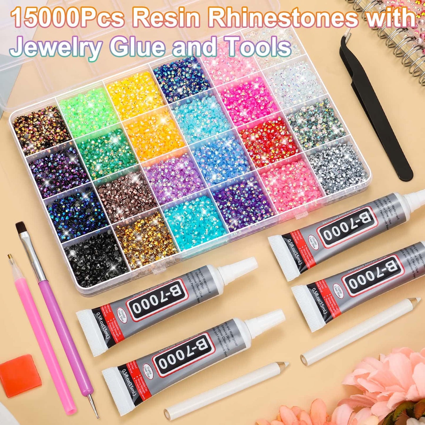 B7000 Glue with Rhinestones for Bedazzling Crafting, 31200Pcs Rainbow Crystals 3MM Flat Back Gems with Jewelry Glue Adhesive for DIY Graduation Cap Decorations Phone Case Wedding Shoes