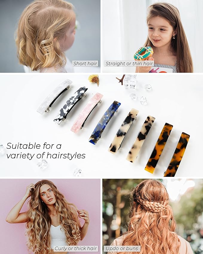 Hair Barrettes for Women, 8 Pcs Barrettes for Fine Thin Thick Hair, 3 Inch Acetate Small Clips Barrette No Slip, French Tortoise Shell Womens Girls Accessories