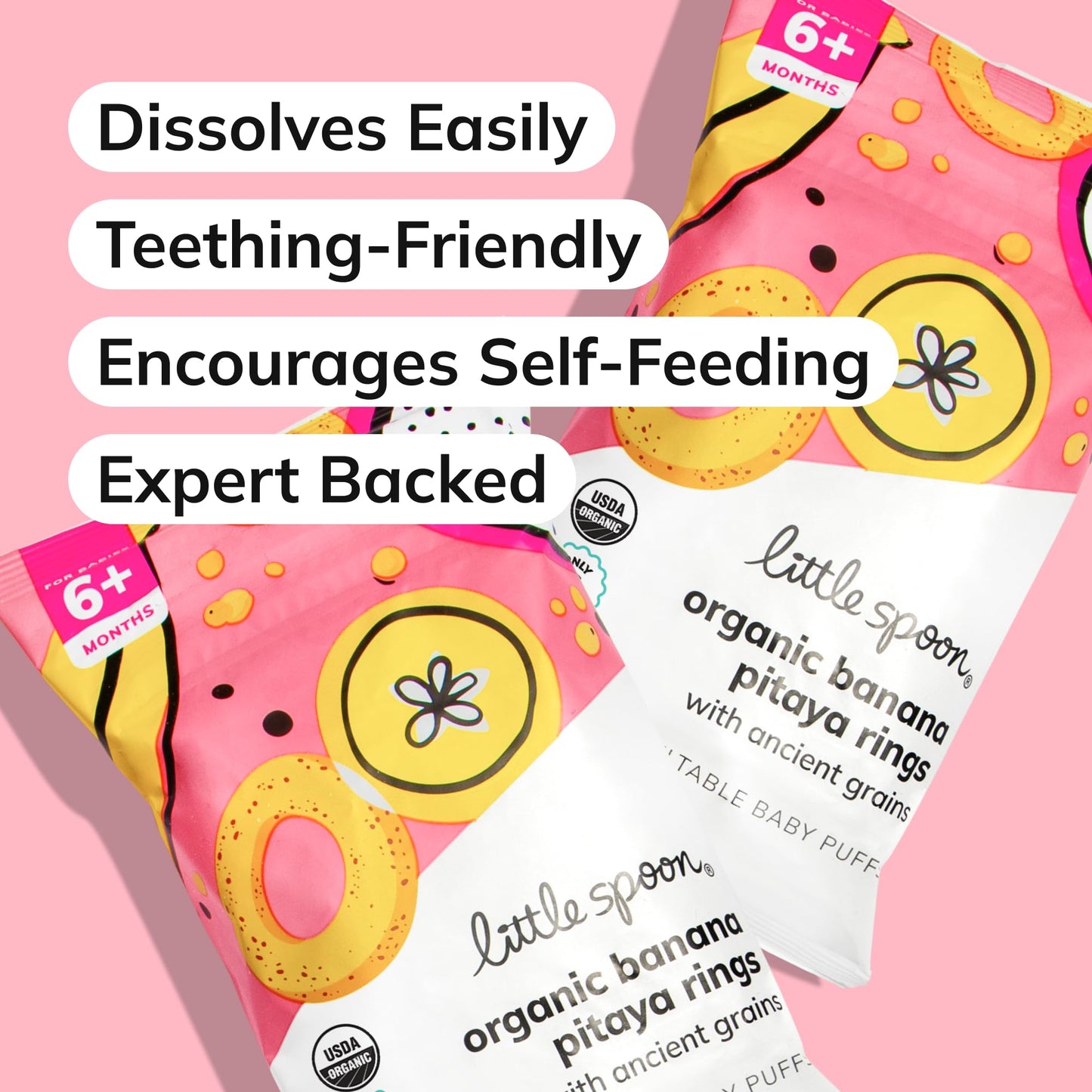 Little Spoon Banana Pitaya Meltable Baby Puffs, Organic Corn Quinoa Sorghum, No Rice, No Added Sugar Snacks, Encourages Self-Feeding, 1 Oz Bag, 4 Pack