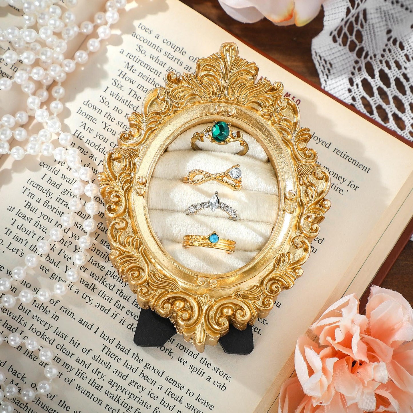 Liliaafar Vintage Ring Holder Oval Light Gold Ring Display Stand Frame Earring Display Tray Anniversary Engagement Baroque Wedding Jewelry Organizer Photograph Prop for Women Christmas Gift
