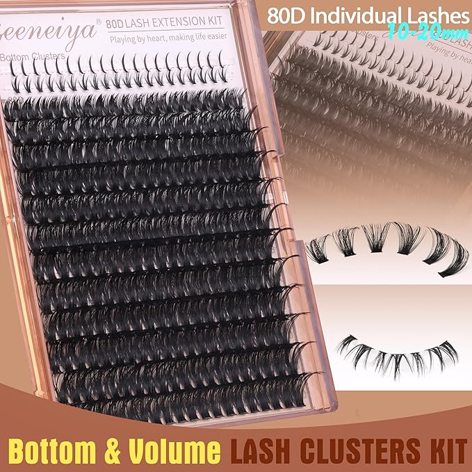 Geeneiya Cluster Eyelash Extensions with Bottom Lash Clusters 10-20mm DIY Lash Extension Wispy Volume Eyelash Clusters and Manga Spike Under Lashes for Beginners