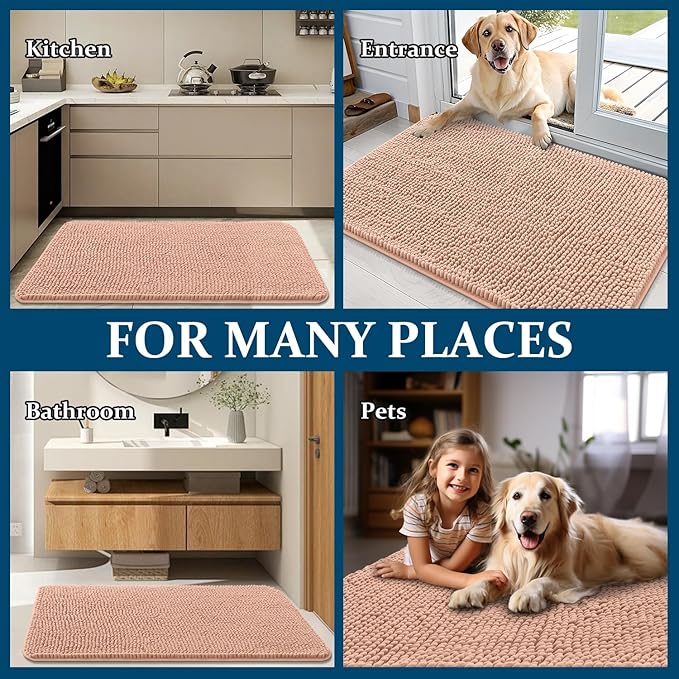 OLANLY Dog Door Mat for Muddy Paws 40x24, Absorbs Moisture and Dirt, Absorbent Non-Slip Washable Doormat, Quick Dry Chenille Mud Mat for Dogs, Entry Indoor Entryway Carpet for Inside Floor, Peach