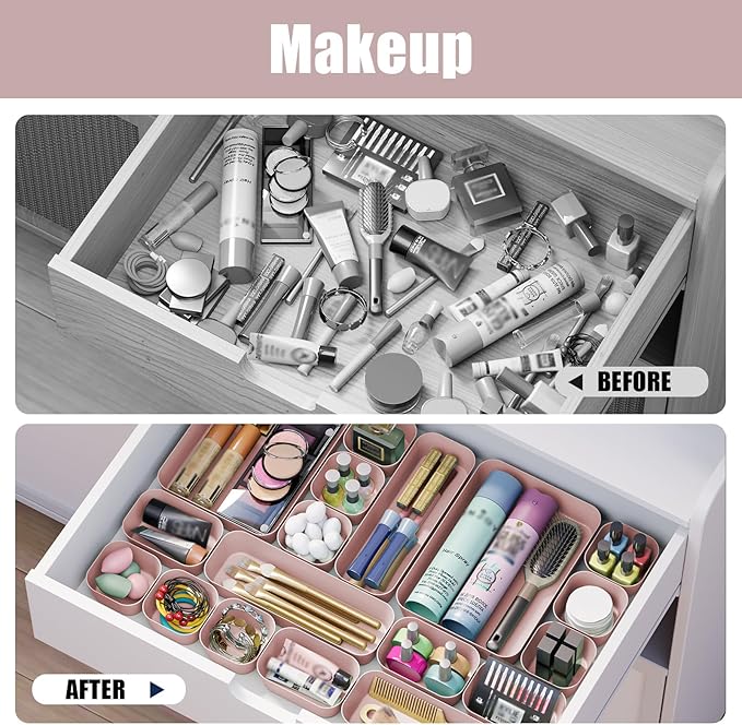 Plastic Drawer Organizers, 10 PCS Drawer Organizer Bins, Bathroom and Vanity Organizer Plastic Tray, Makeup organizer and storage for Makeup, Bedroom, Kitchen Gadgets Utensils and Office (Pink)