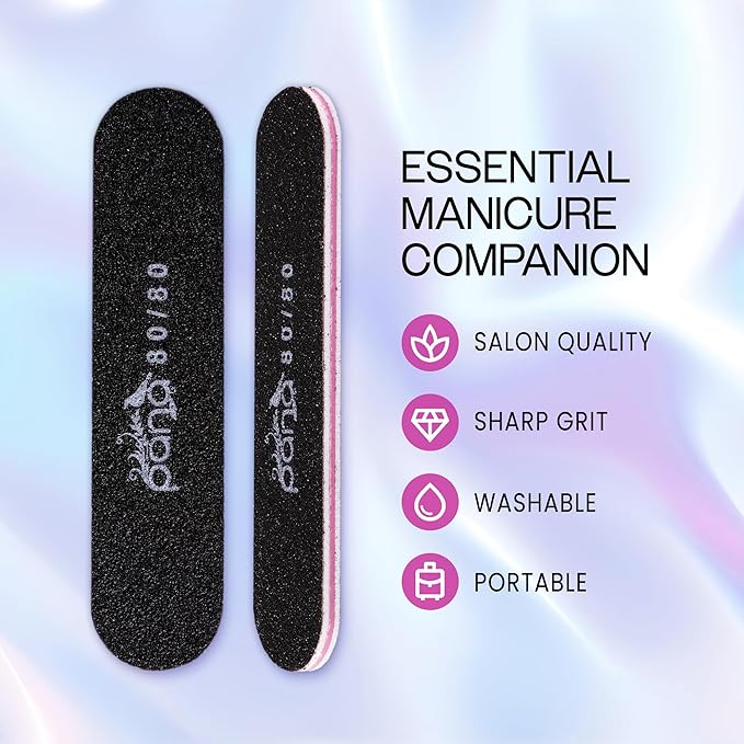 25PCS Mini Size PANA Professional Double Sided Nail Files - Black, 80/80 Grit - Emery Board Nail Buffering File Manicure Pedicure Nail Polisher Washable