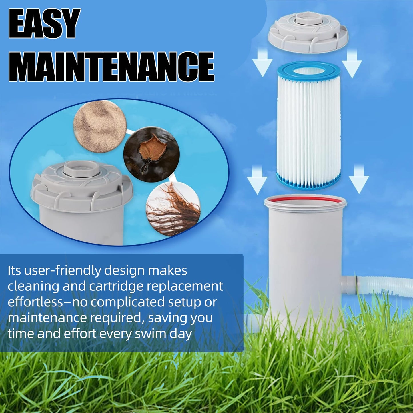 TonGass 800 GPH Pool Filter Pump for Above Ground Pools, Powerful Circulation System with Filter Cartridge, GFCI Safety Protection, Easy to Install Pool Pump for Pools up to 5000 Gallons