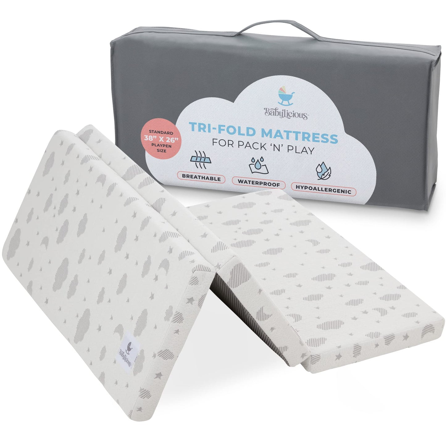 Babylicious Waterproof Pack and Play Mattress Topper | 38" x 26" x 1.5" | Trifold Style - Breathable Soft Plush Foam - Portable Mattress Topper- Baby Foam Mattresses for Babies