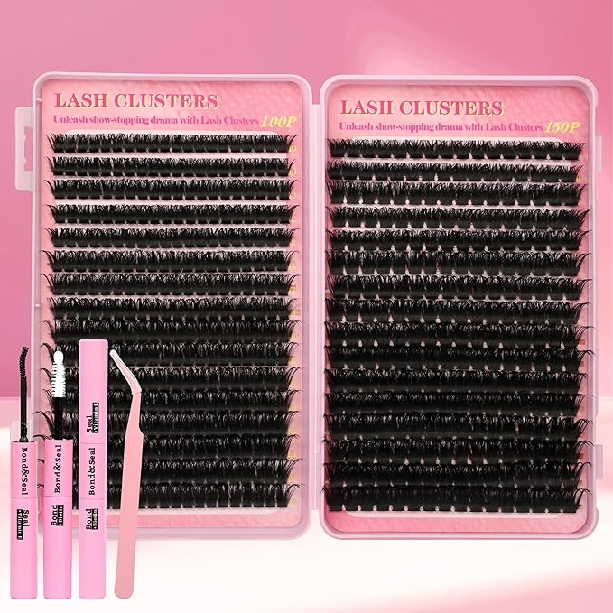 Lash Clusters Kit Cluster Eyelash Extensions 560Pcs Volume 100D 150D Lashes Clusters D Curl Eyelash Clusters DIY Individual Lash Clusters Eyelash Glue Lash Tweezers
