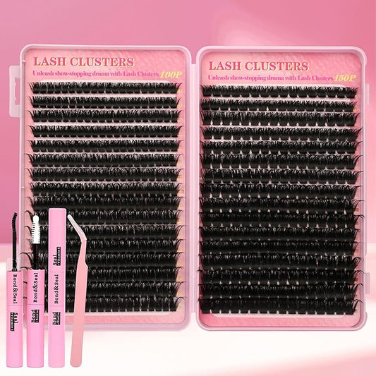 Lash Clusters Kit Cluster Eyelash Extensions 560Pcs Volume 100D 150D Lashes Clusters D Curl Eyelash Clusters DIY Individual Lash Clusters Eyelash Glue Lash Tweezers