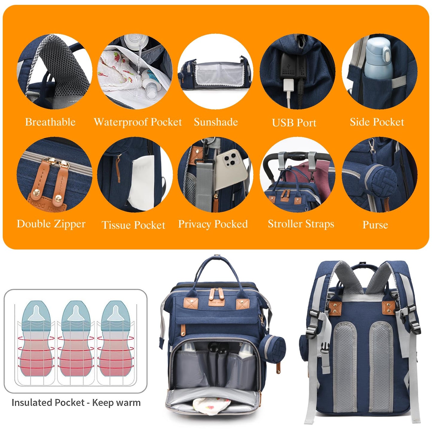 Astro alan Baby Diaper Bags with Changing Station, Waterproof Diaper Bag Backpack for Moms Dads with USB Charging Port, Baby Shower Gifts, Large Capacity diaper backpack, Blue