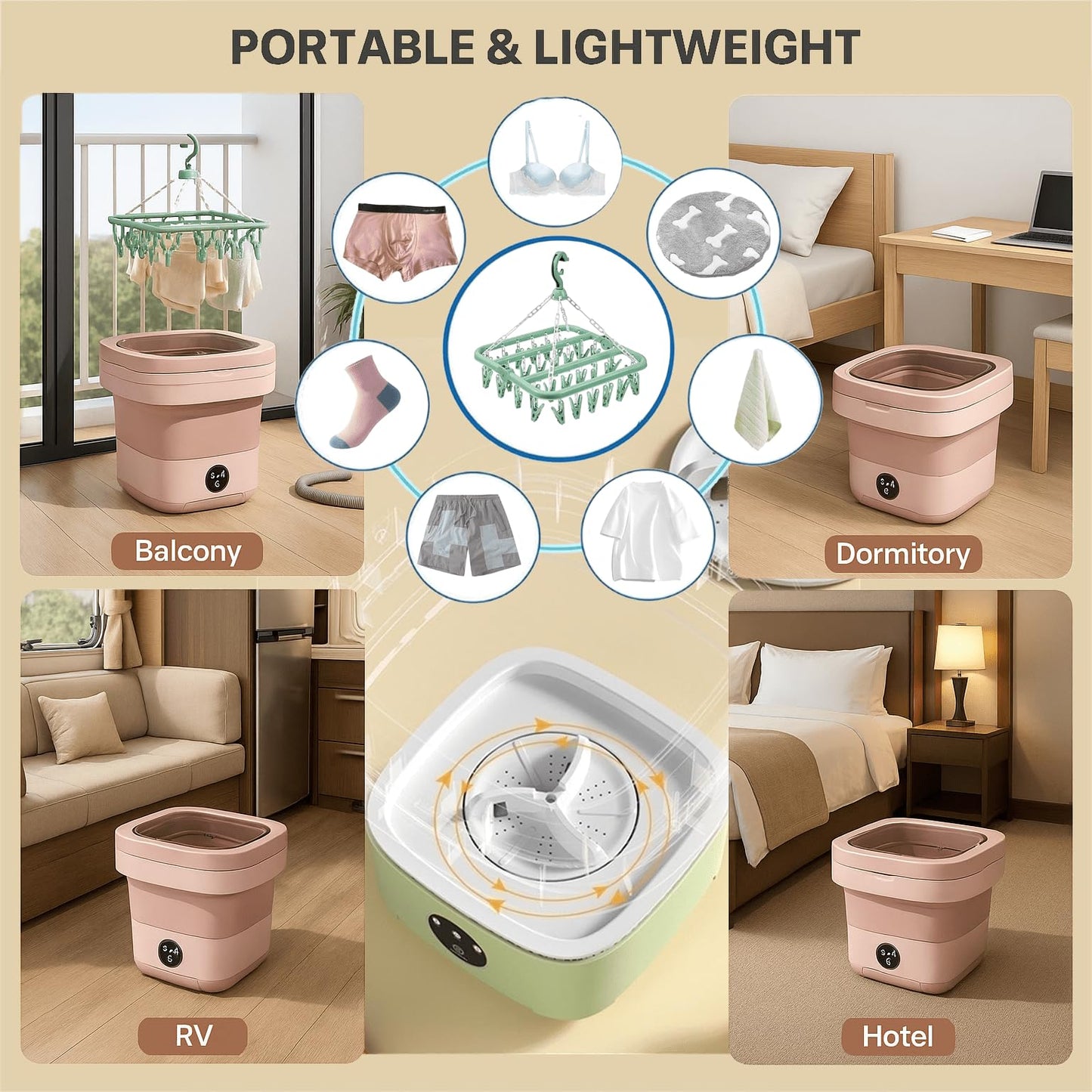 Portable Washing Machine 16L Foldable Mini Washer with Spin Basket, Drying Rack&Drainage Pipe – Compact Collapsible Laundry Set for Small Clothes, Space-Saving Washer for Apartments, Dorms, Travel&RV