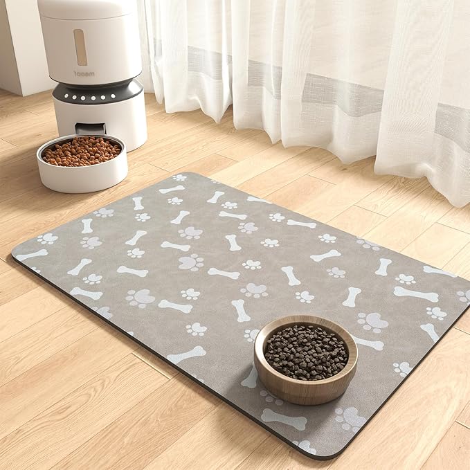 MontVoo Dog Food Mat-Pet Feeding Mat for Food and Water-No Stains Quick Dry Dispenser Cat Bowl Mat for Messy Drinkers(12"X19" Grey)