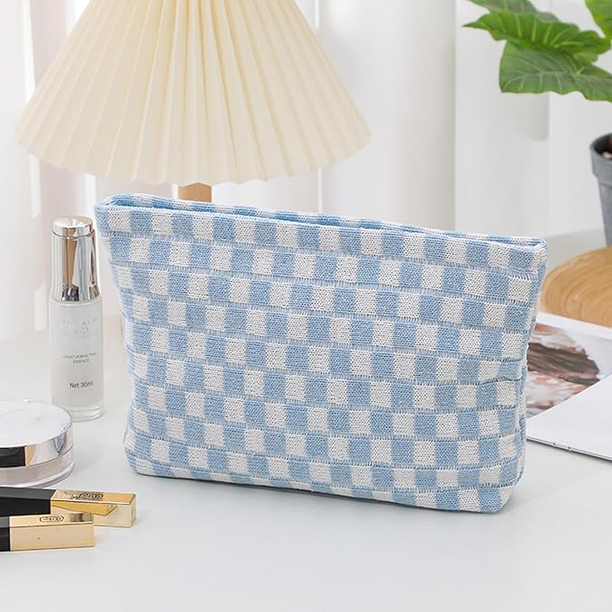 Cosmetic Bags for Women - Corduroy Cosmetic Bag Aesthetic Women Handbags Purses Smile Dots Makeup Organizer Storage Makeup Bag Girls Case Bags (Q-Checkered blue)