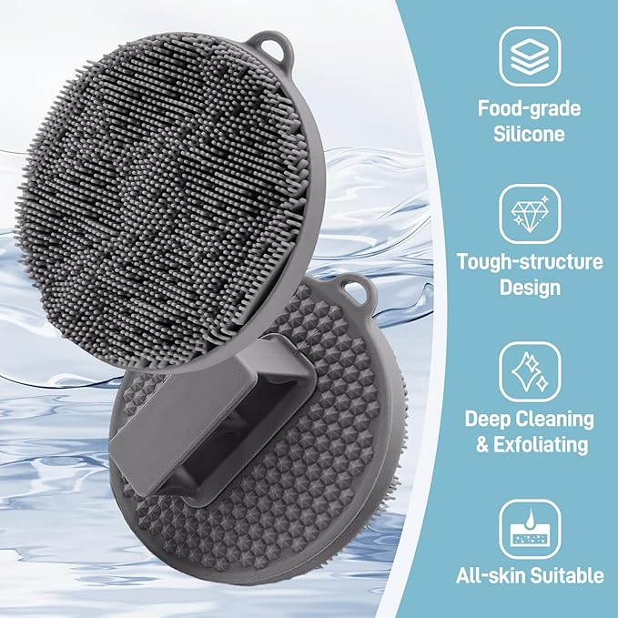Silicone Body Scrubber for Shower, Silicone Loofah Body Buffer with Dense Bristles and Comfort Handle, Exfoliating Body Scrubber Shower Scrubber for Good-Lathering & Deep Cleansing(Gray)