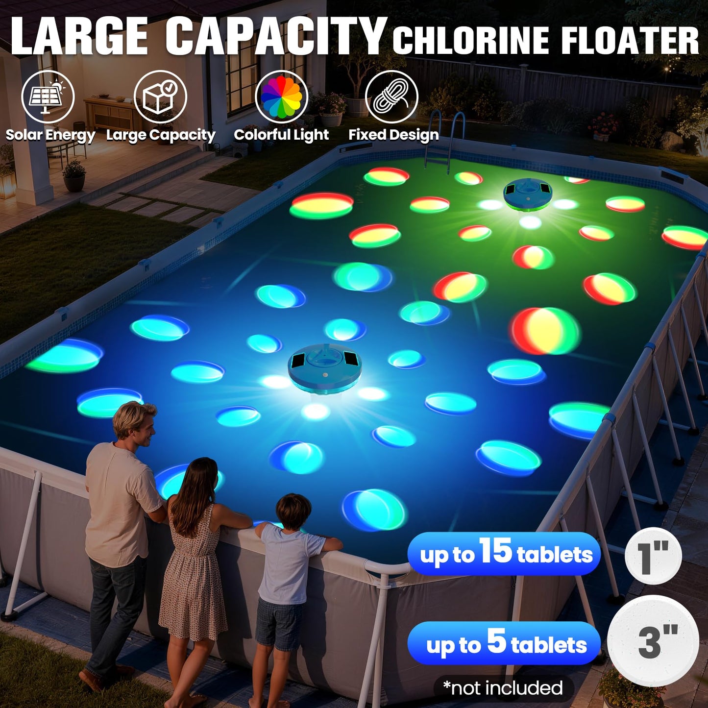 RovPool Chlorine Floater, Large Capacity Pool Chlorine Floaters for 5 * 3'' Chlorine Tabs, Solar Chlorine Floater with Lights, Adjustable Flow Floating Chlorine Dispenser for Pool, Hot Tub, Blue
