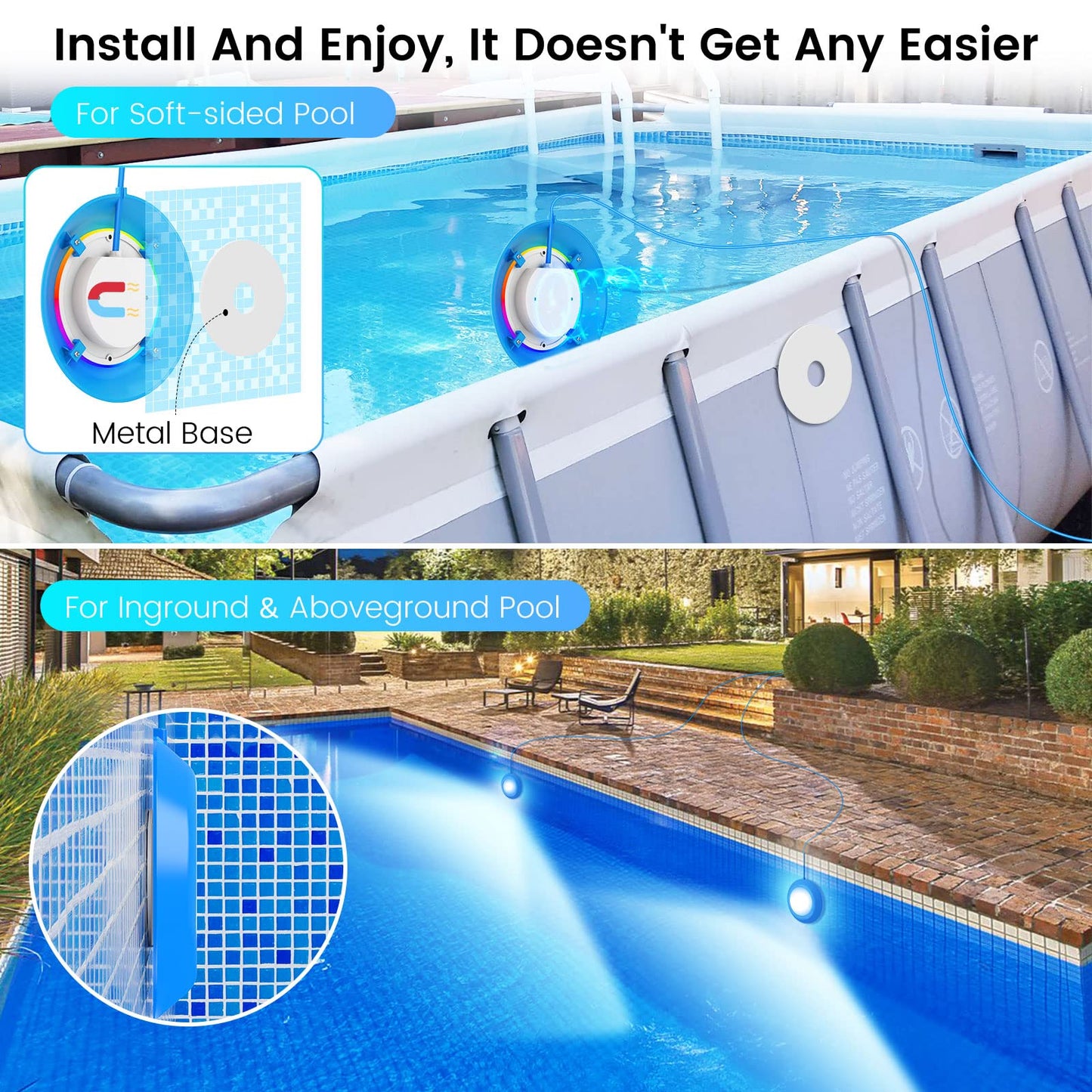 LyLmLe LED Pool Lights, 20W Smart RGB Magnetic Submersible Light with APP Control, 800lm Dimmable, IP68 Waterproof 12V Nicheless Underwater Lights for Inground Aboveground Pools