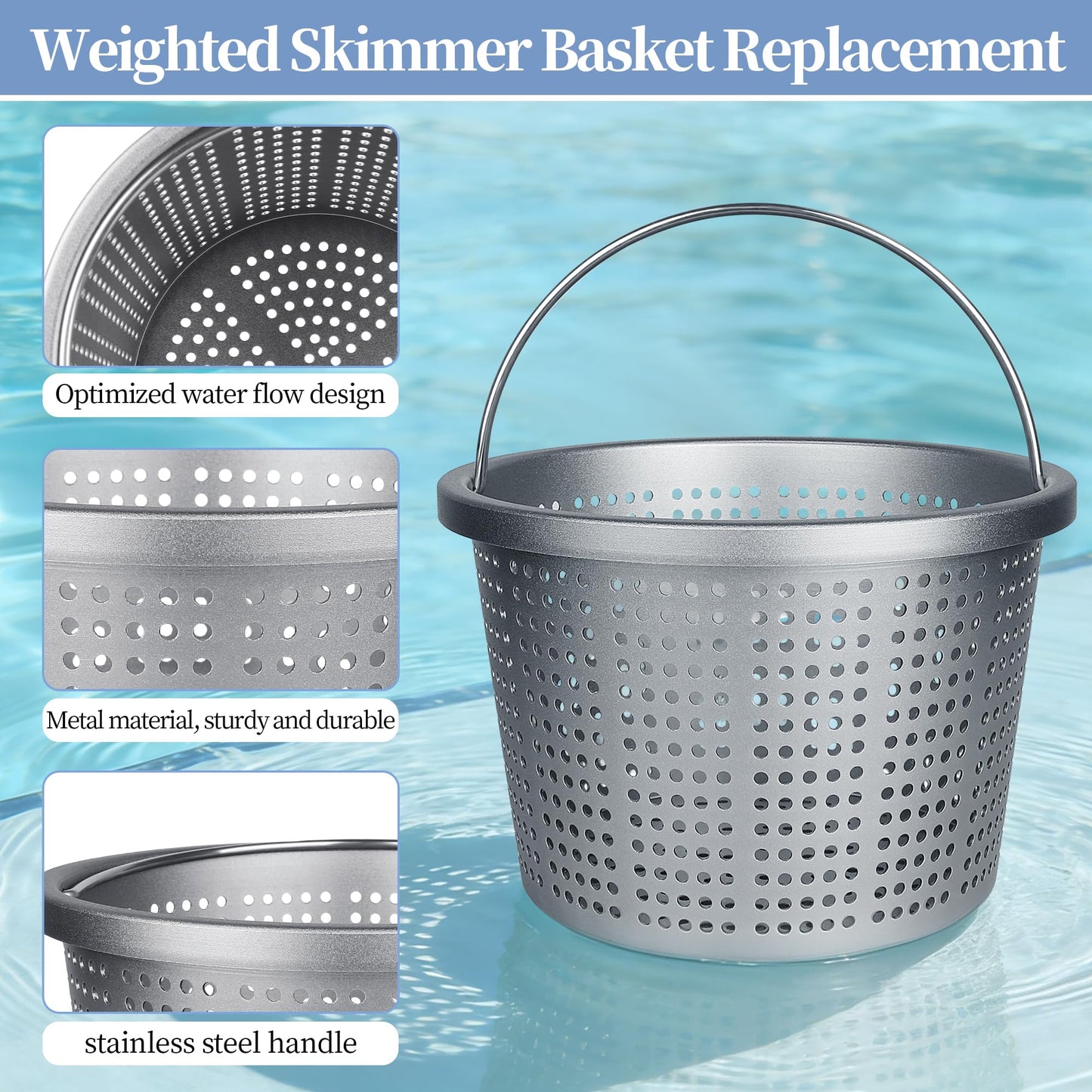 LVACODV Aluminum Pool Skimmer Basket Replacement for Pentair U-3 & Hayward SP1070/SPX1070E, 8-1/8" Top OD x 6.5" Bottom Dia x 5.5" H, 316 Stainless Steel Handle