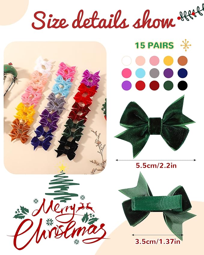doboi 30PCS Christmas Hair Bows Velvet Baby hair clips 2" mini bows for hair Fully Lined Hair Barrettes Alligators for Infants Toddlers