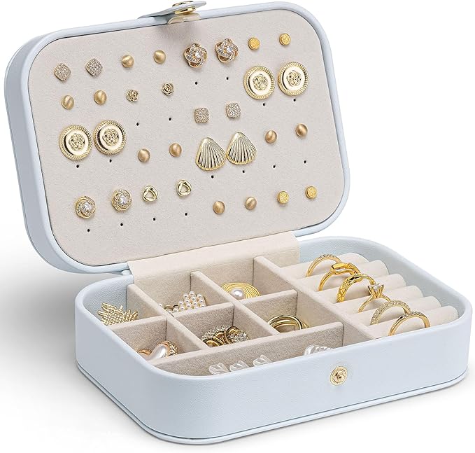 VLANDO Travel Jewelry Case, PU Leather Travel Jewelry Box with Earring Holder, Portable Display Mini Jewelry Case for Mothers Day Women Girls Gift - Blue