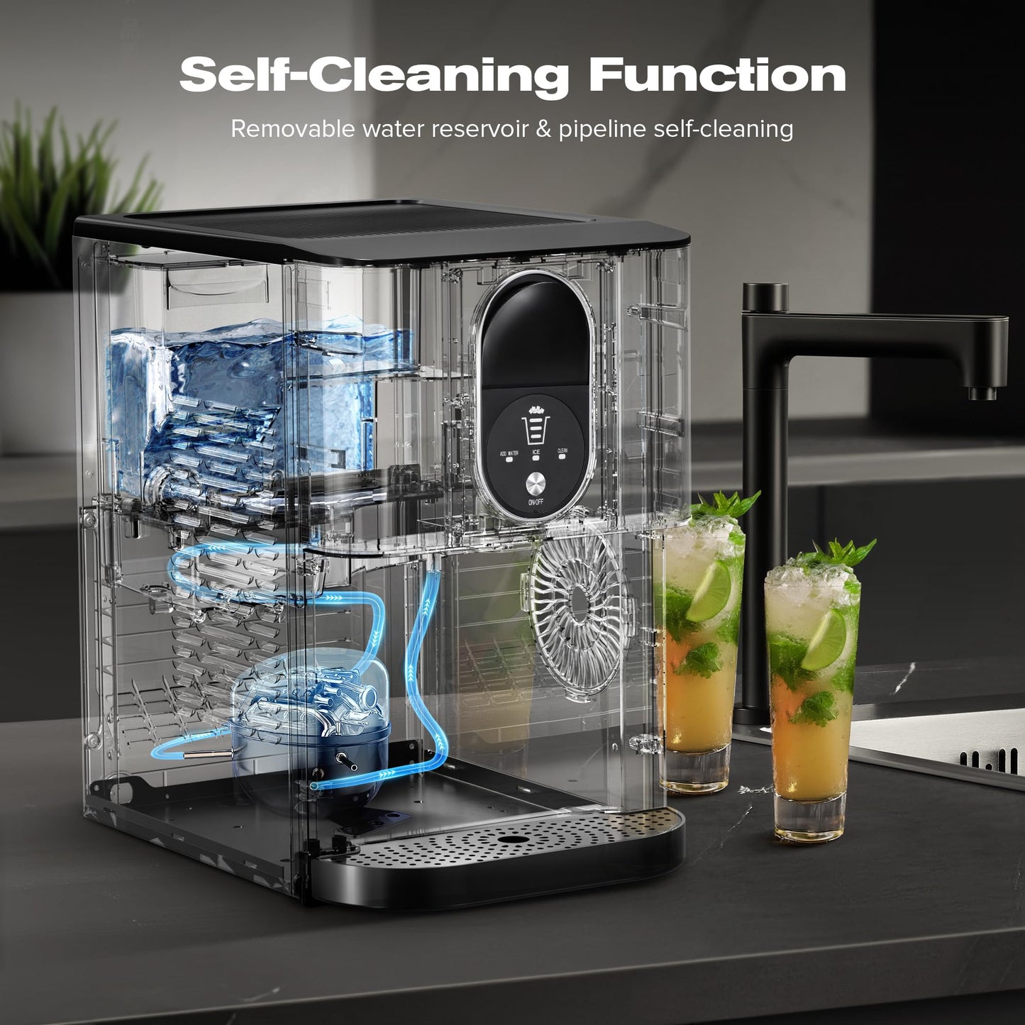 Kismile Countertop Nugget Ice Maker, 44lbs/24H Soft Chewable Pebble Ice Machine with Self-Cleaning and One-Click Operation, Compact Pellet Ice Maker for Home & Kitchen (Silver)