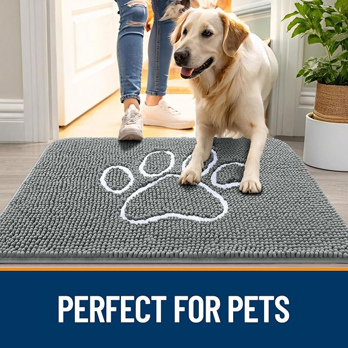 OLANLY Dog Door Mat for Muddy Paws 36x24, Paw Print Design, Absorbs Moisture and Dirt, Absorbent Non-Slip Washable Doormat, Quick Dry Chenille Mud Mat, Entry Indoor Entryway Carpet, Grey and White