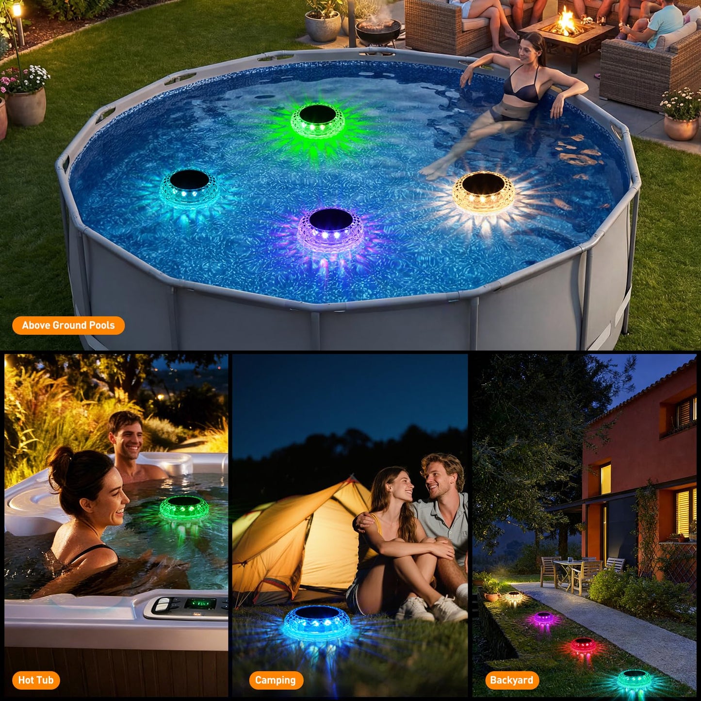 Floating Pool Lights for Party , Solar Powered Color Changing Lights with 2 Modes (Transition & Constant) , IP67 Waterproof Pool Accessories for Inground, Above Ground Pool, Pond, Bathtub (2 Pack)