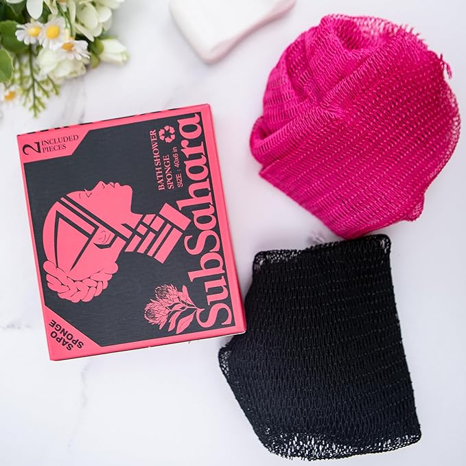 SubSahara Authentic African Net Sponge - 2 Pack Exfoliating Bath & Shower Loofah Sponge for Body & Face, Gentle Scrubber for All Skin Types, Travel, Durable (Black & Pink)