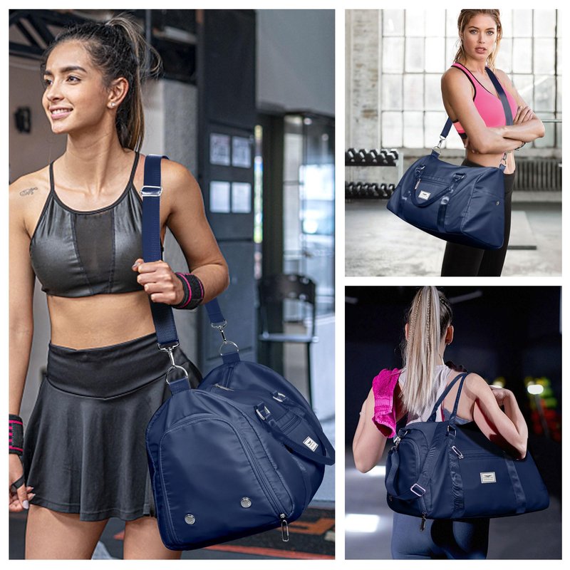 FIORETTO Womens Gym Tote Duffle Bag with Toiletry Bag, Sports Duffel Overnight Hospital Workout Carry on Bag for Girls with Wet Pocket & Shoe Compartment, Ideal for Travel, Swimming, Dance Navy Blue