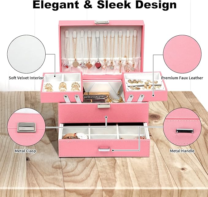 Dajasan Jewelry Organizer Box, Large Jewelry Boxes for Women Girls, Compact 3 Layers Jewelry Storage Case with Drawer, Gift Idea, Movable Metal Stand, Modern (Pink)