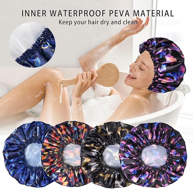 4 PCS Shower Cap for Women, Elastic and Reusable Bath Caps, Double Layers Shower Caps Reusable Waterproof, Bathing Shower Caps, Environmental Bath Hair Protection Cap - Butterfly A