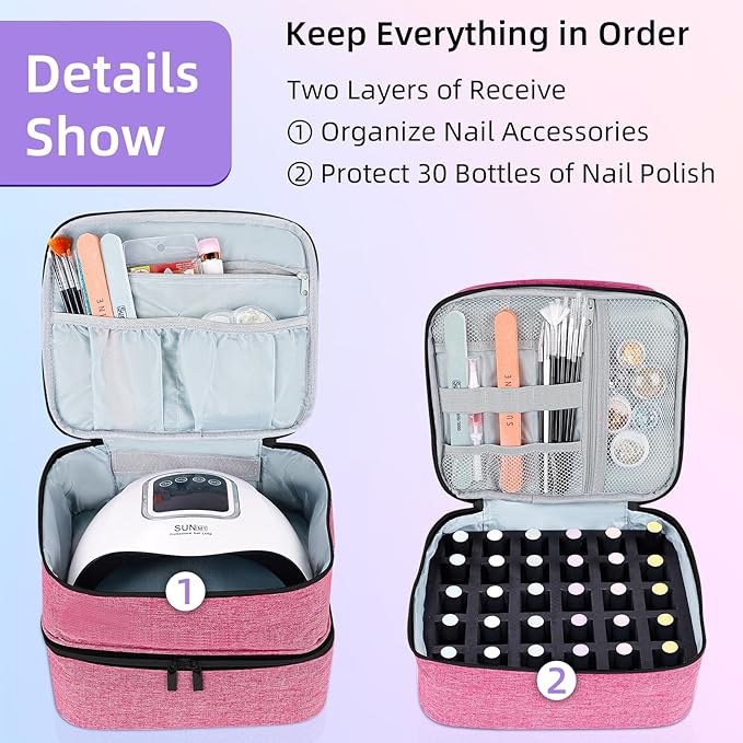 Nail Polish Organizer Holds 30 Bottles (15ml - 0.5 fl.oz) Double-layer Gel Nail Polish Kit Case, Nail Holder for Nail Lamp, Portable Nail Organizer and Storage for Nail Supplies (Rose)