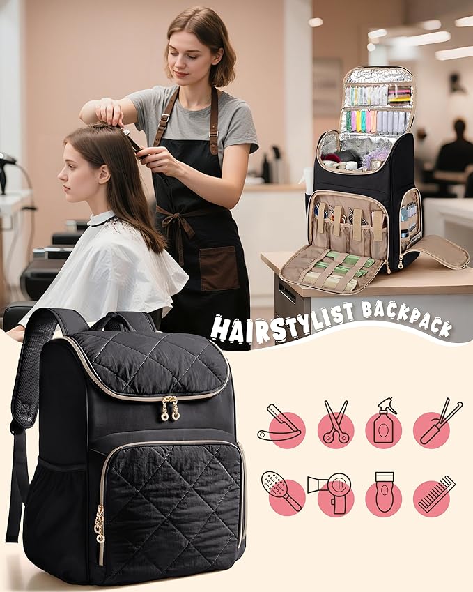 Insulated Hairstylist Travel Bag Backpack with Detachable Dividers and Multiple Pockets, Quilted Hair Tool Travel Bag with Multiple Pockets for Hairstylist and Barber, Black