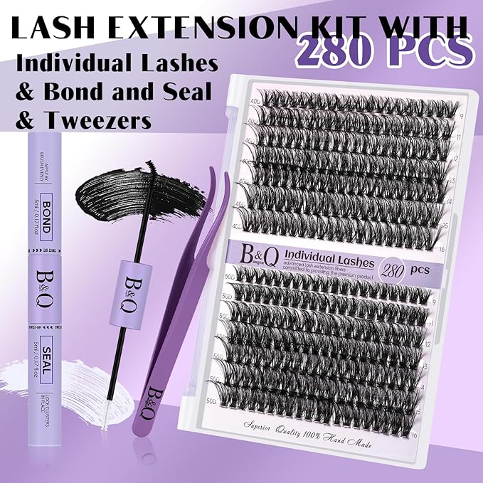 DIY Lash Extension Kit 280pcs Individual Lashes Cluster D Curl Eyelash Extension Kit Lash Clusters with Lash Bond and Seal and Lash Applicator Tool (KIT,40D+50D-D-9-16MIX)