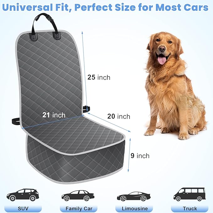 Dog Car Seat Covers, Waterproof Front Seat Cover for Dogs, Scratch-Proof, Nonslip Pet Passenger Seat Cover Protector, Universal Fit for Cars Trucks SUVs (Grey, Large Size)