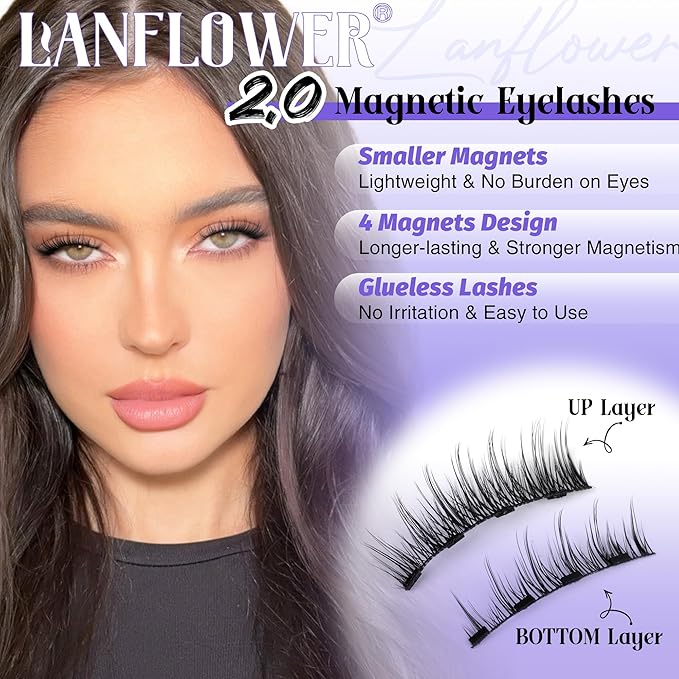 Lanflower Magnetic Eyelashes with Applicator, Mangetic Eyelashes Natural Look, Wispy Magnetic Lashes, No Glue Needed Magnetic Eyelashes, Strong Hold, Reusable, Waterproof, Cat Eye, No Irritation