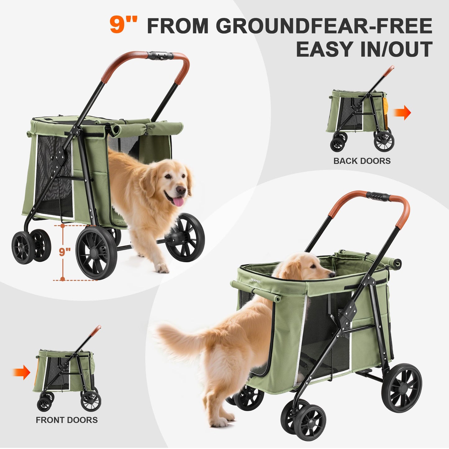 AOPEC Medium Dog Stroller, Dual Entry One-Touch Folding,Small and Medium Pet Stroller,360° Rotating Front Wheels,80 lbs Weight Capacity for Outdoor Travel and Elderly Dogs - Green