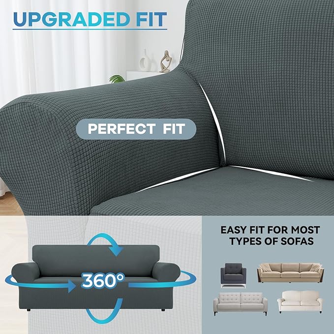 LURKA Stretch Sofa Slipcovers 1 Piece Couch Covers for 3 Cushion Couch Sofa Furniture Protector Full Sofa Covers with Elastic Bottom for Kids and Dog (Large, Grey)