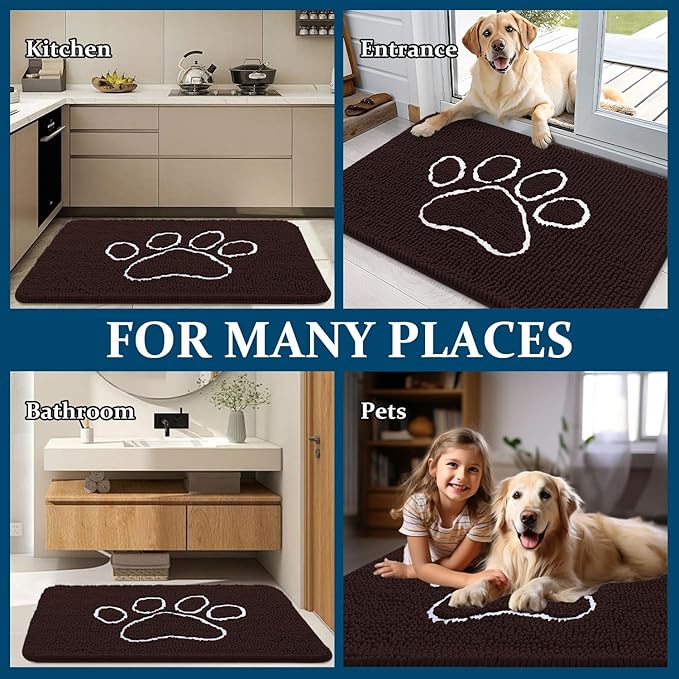 OLANLY Dog Door Mat for Muddy Paws 70x35, Paw Print Design, Absorbs Moisture and Dirt, Absorbent Non-Slip Washable Doormat, Quick Dry Chenille Mud Mat for Dogs, Entry Indoor Entryway Carpet, Brown