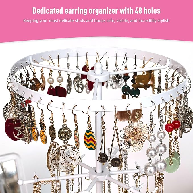 360 Rotating 2-Tier Jewelry Organizer Stand, Large Earring Holder Organizer with 48 Holes for Studs，24 Prongs for Necklaces, Wide Base for Bracelets, Watches, Lipstick, Jewelry Display Stand for Women