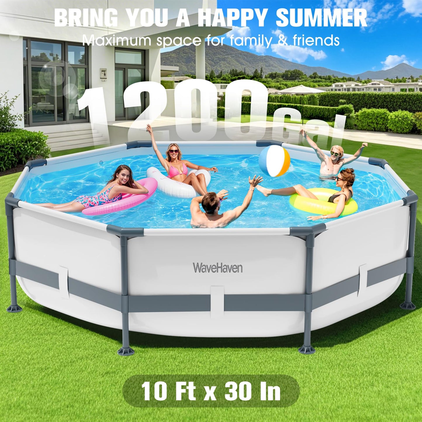 WaveHaven Above Ground Pool,10ft x 30in Frame Deep Swimming Pool,Round Family Pool,Large Above Ground Pool Easy Set,1200 Gallon Pool,Outdoor Backyard Pool for Kids,Adults-Grey,Pump Not Included