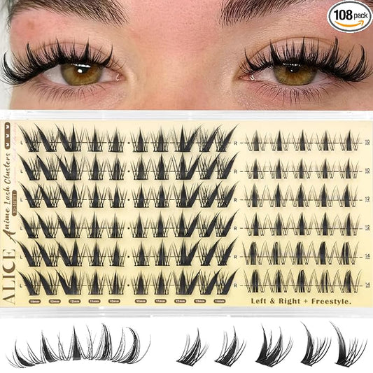 ALICE Lash Clusters with Spikes Anime Eyelash Clusters Natural Manga Eyelash Extensions 10-14mm Lash Extensions Thin Band DIY Left & Right Individual Lashes Cat Eye