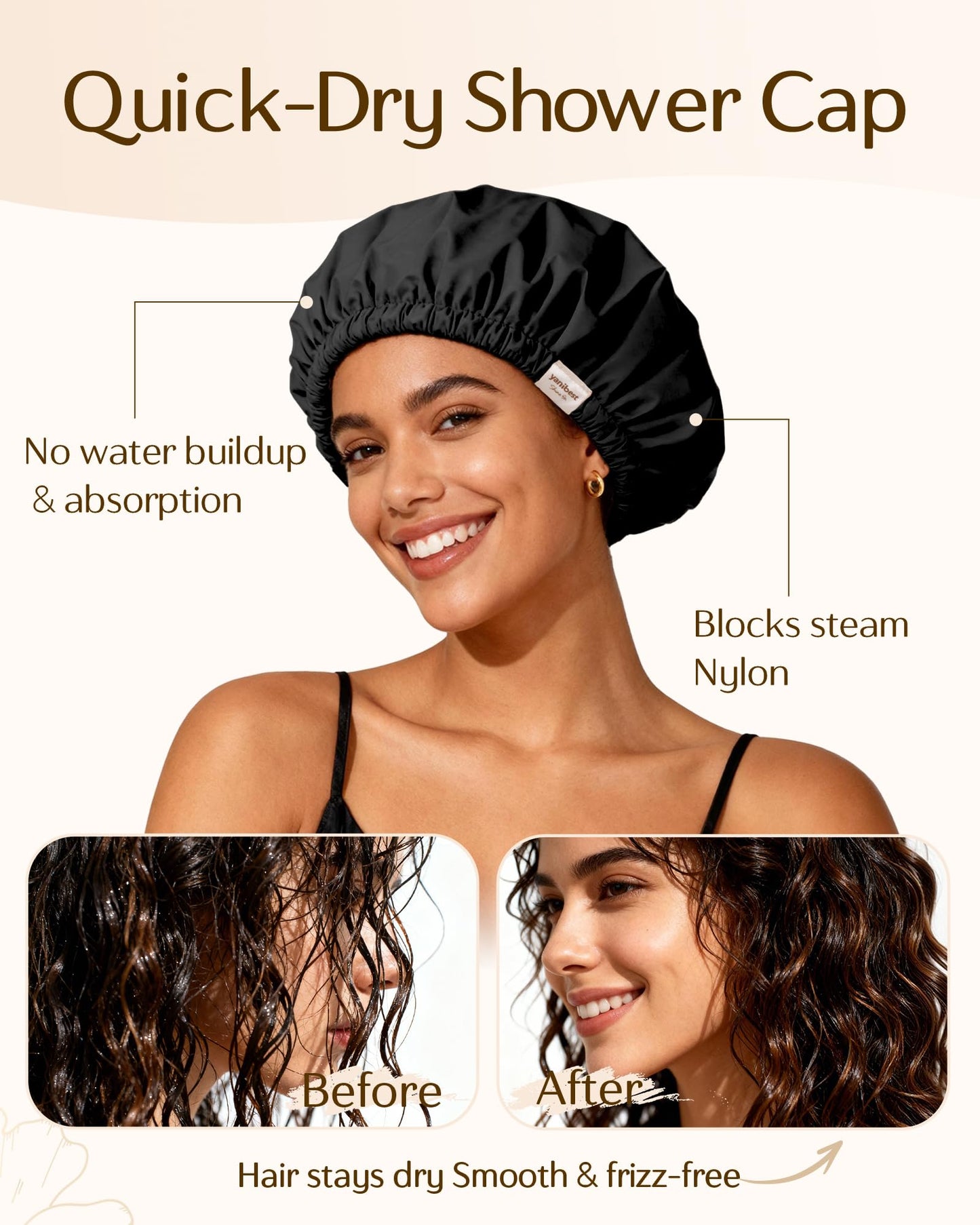 Yanibest Satin Lined Shower Cap for Women Reusable Waterproof, Frizz Free & Large Bath Cap with Soft Elastic Band, Luxury Hair Protection Caps (Black)