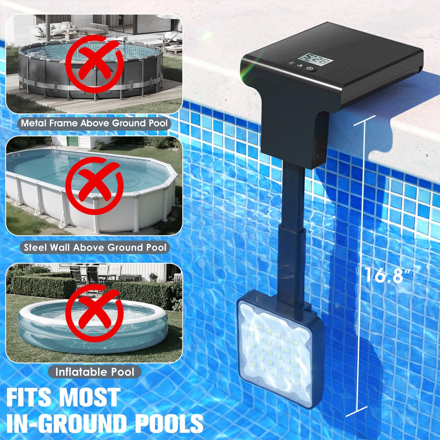 LightHacker Solar Pool Lights for Inground Pools,Upgraded Solar Lights with LCD Pool Thermometer, Underwater Submersible Led Light for Pool Accessories, Swimming Pool Lighting with 10 Light Modes, 1PC