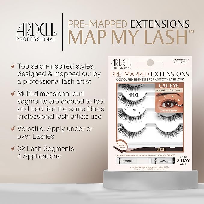 Ardell Pre-Mapped Eyelash Extensions Kit - False Lashes Cat Eye, Reusable Segmented Lash Strips, Long-Lasting with Lash Glue and Remover, 4-Pack