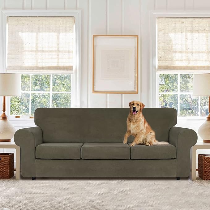 WEERRW 4 Pieces Velvet High Stretch Couch Covers for 3 Cushion Couch Sofa Slipcovers, Washable Furniture Protector with Non Slip Elastic Bottom, Feature Soft and Thick Plush Fabric, Light Brown, Large