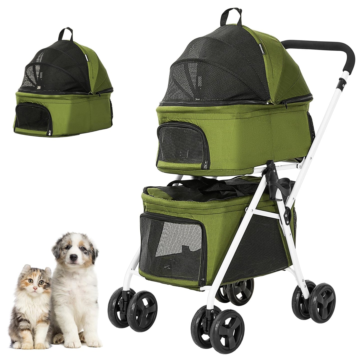 BETSOCCI Double Dog Stroller with 2 Detachable Carrier, Portable Pet Stroller for Small Dogs & Cats Folding Lightweight Puppy Travel Carriage, 4 Wheels, Olive Green