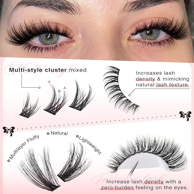 Goddvenus Wispy Lash Clusters Kit Cluster Eyelash Extensions Natural Lash Extension Kit C Curl Fluffy Individual Eyelashes with Bottom Lashes Clusters Waterproof Bond and Seal DIY at Home