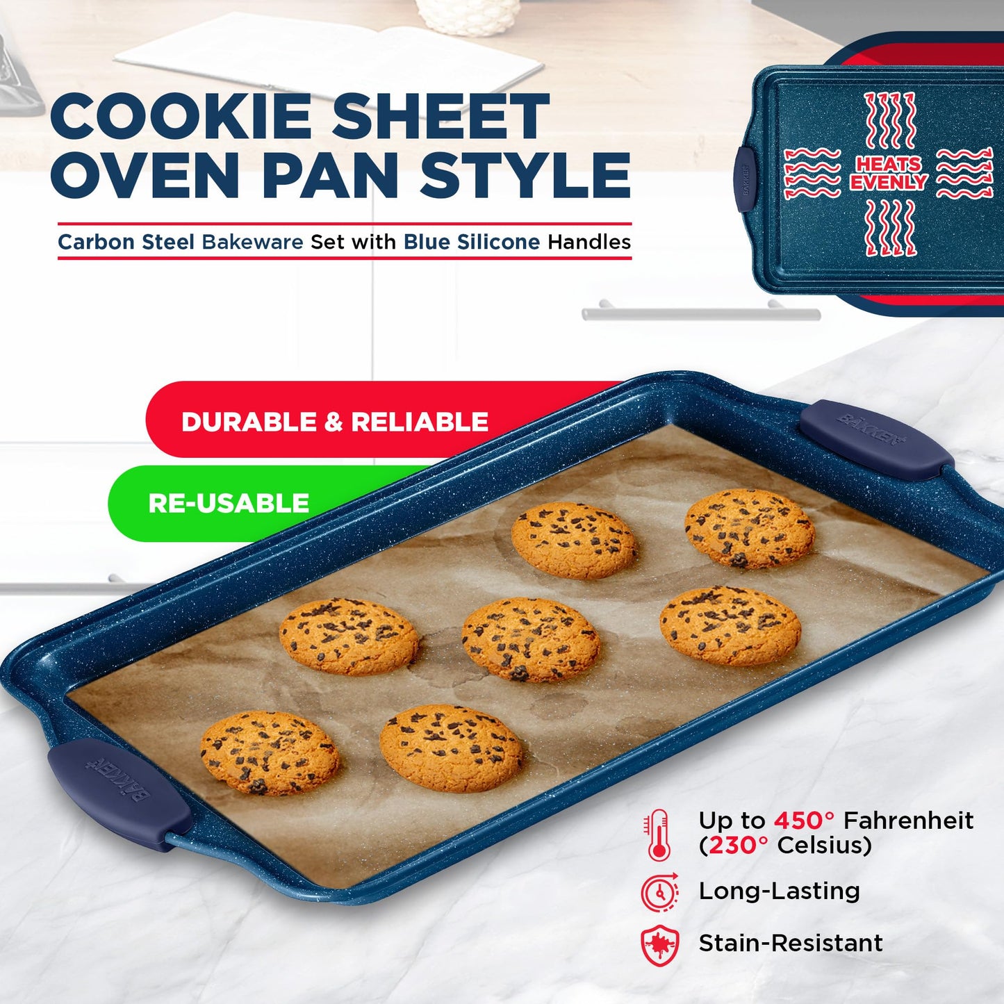 BAKKEN Kitchen Baking Pan Set - Nonstick Coating, Carbon Steel Bakeware Sets with Blue Silicone Handles, Baking Kitchen Essentials, PFOA, PFOS, PTFE Free, Oven Safe Tray (Up To 450° F), Set of 8